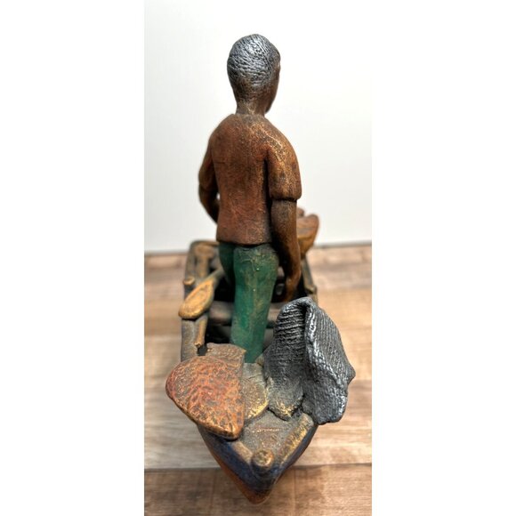 Clay Fisherman Figurine On Boat With Net & Basket - Picture 2 of 5